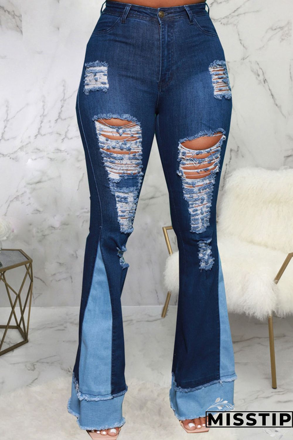 Blue Street Ripped Patchwork High Waist Denim Jeans
