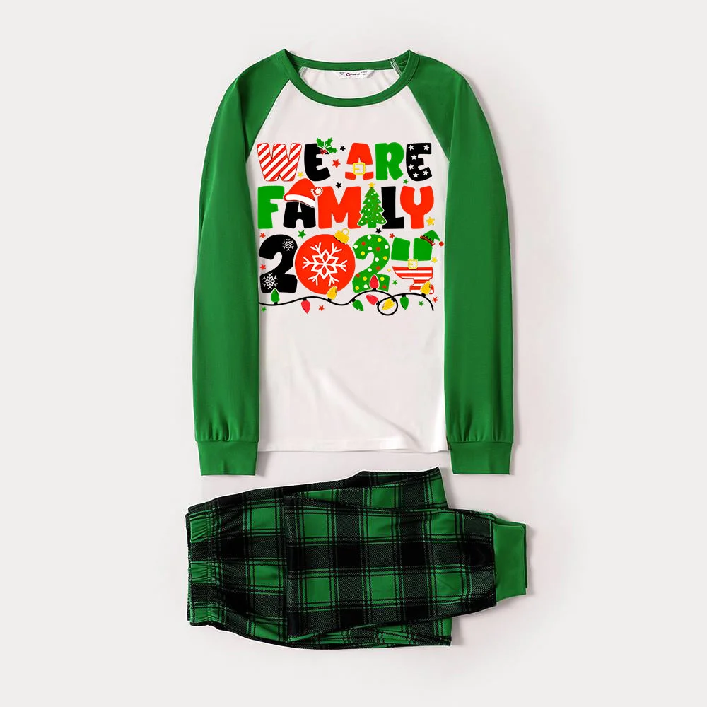 Christmas "We are Family" Colorful Multi-Element Letter Prints Green Rotator Cuff Top With Green & Black Plaid Family Matching Pajamas