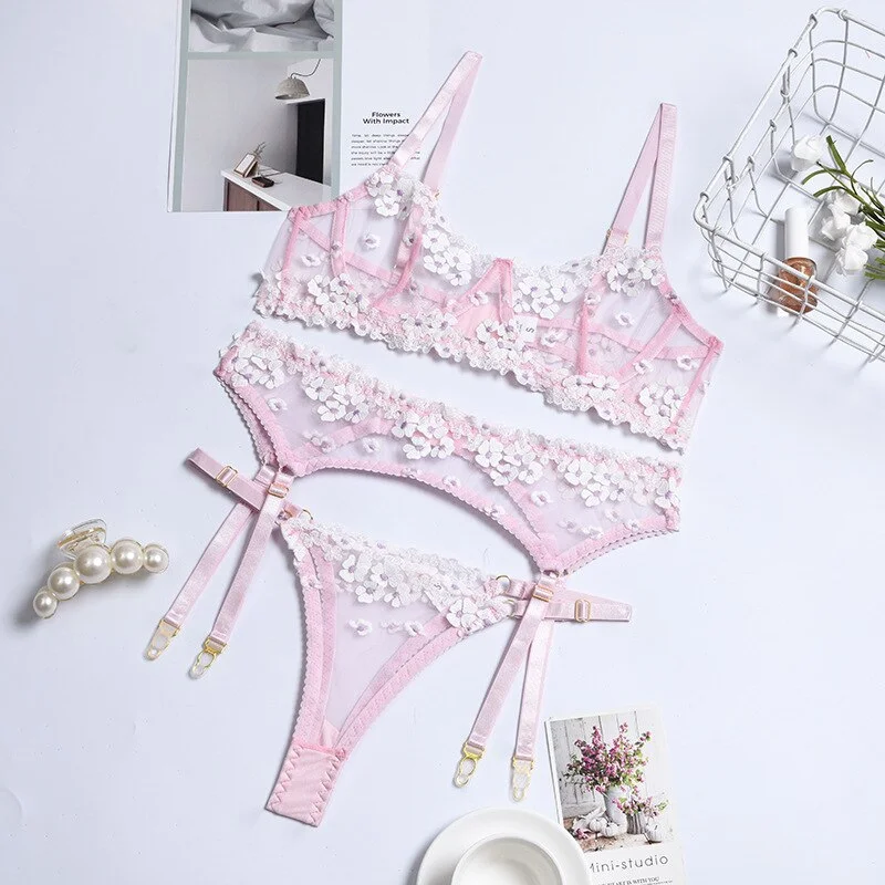 Billionm Sexy Lace Lingerie Set Pink Underwear Floral Appliques Push Up Bra and Panty Fancy Sissy Intimate Transparent Underwear Lingerie