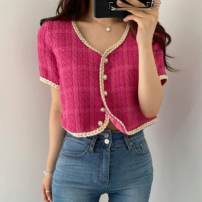 2020 Summer New Retro Short Korean Plaid Tweed Coat Women Fashion Short-Sleeved Thin Short Jacket Female Elegant Top