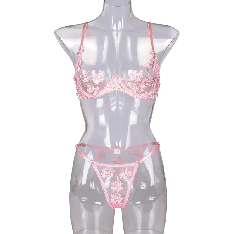 Billionm Sexy Lace Lingerie Set Floral See Through Bra Panty Nightwear Transparent Pink Underwear Women Embroidery Sheer Under Wear Sex