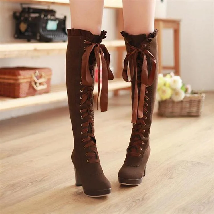 Ribbon Lace Up High Boots