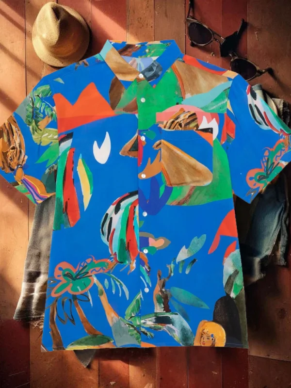Men's multicolor printed pattern cotton linen shirt