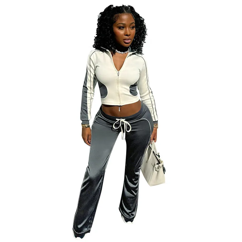 Uveng Uveng Women's Autumn And Winter Line Bump Color Without Collar Zipper Tight Rope High-Waisted Trousers Set