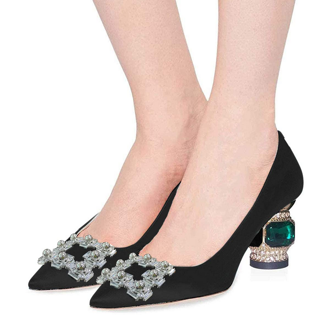 Black Diamond Pointy Toe Heels Decorated Heel Pumps