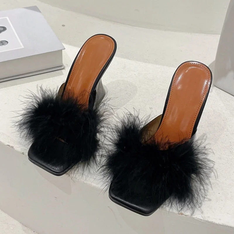 Size 35-41 Sexy Strange Transparent Heels Slippers Fashion Fur Feather Summer Sandals Peep Toe Slip-On Clear Shoes Women Slides