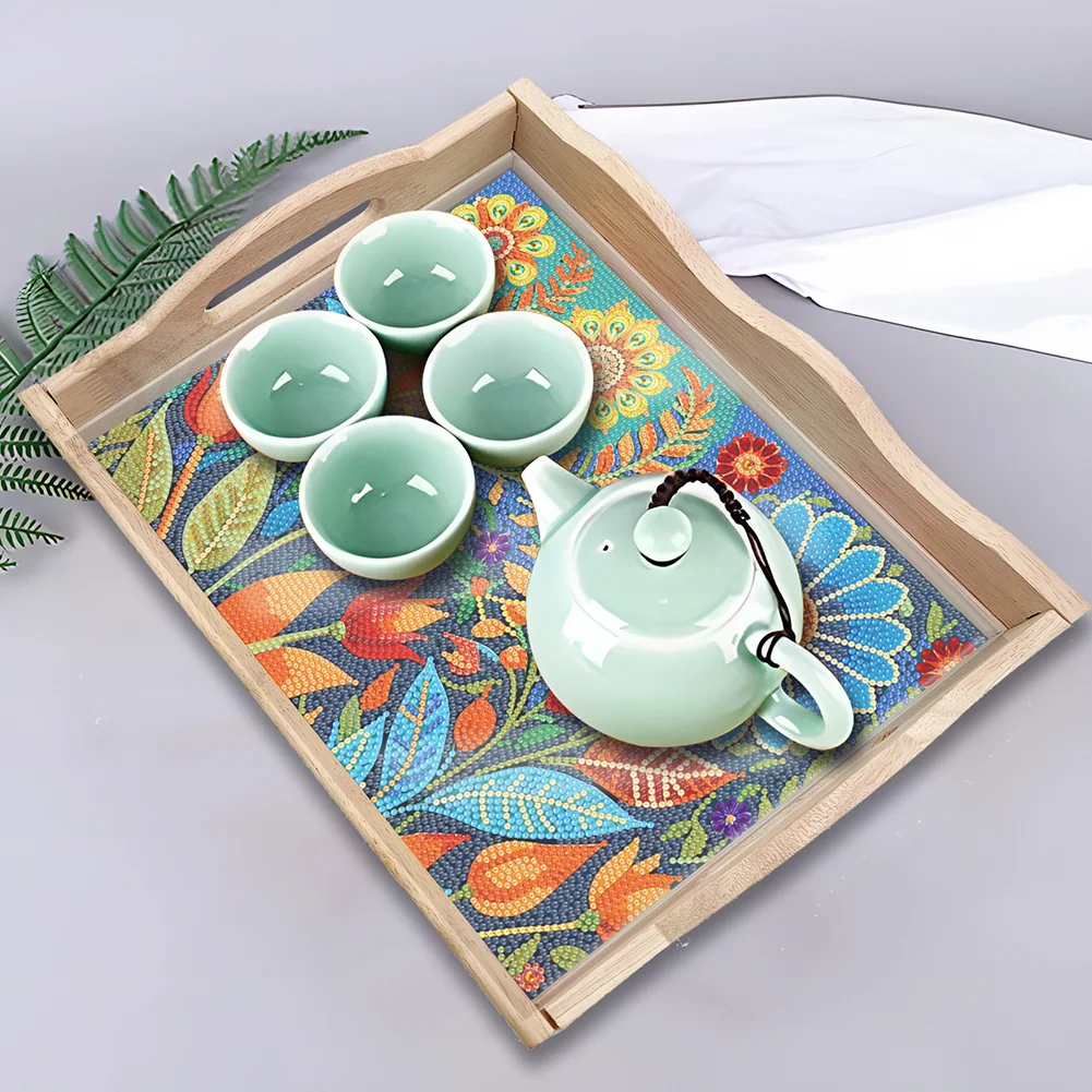 DIY Cartoon Flower Wooden Diamond Painting Serving Tray with Handle for Home Decor