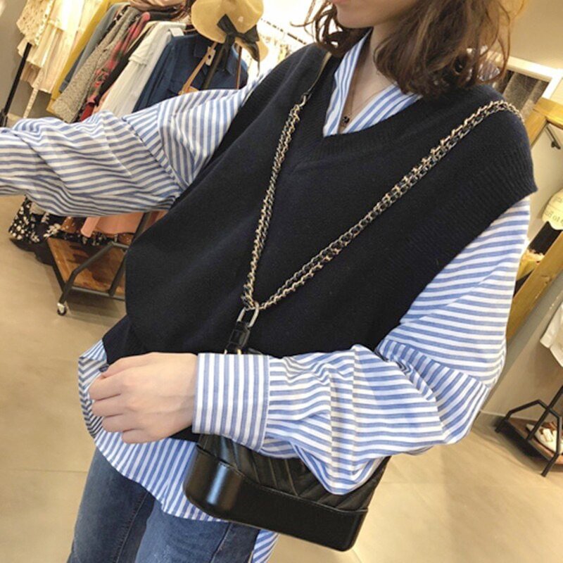 New V-Neck Vintage Pullover Sweater Vest Women Autumn Winter Knitted Sweater Vest Sleeveless Warm Sweater Casual Oversize 12229