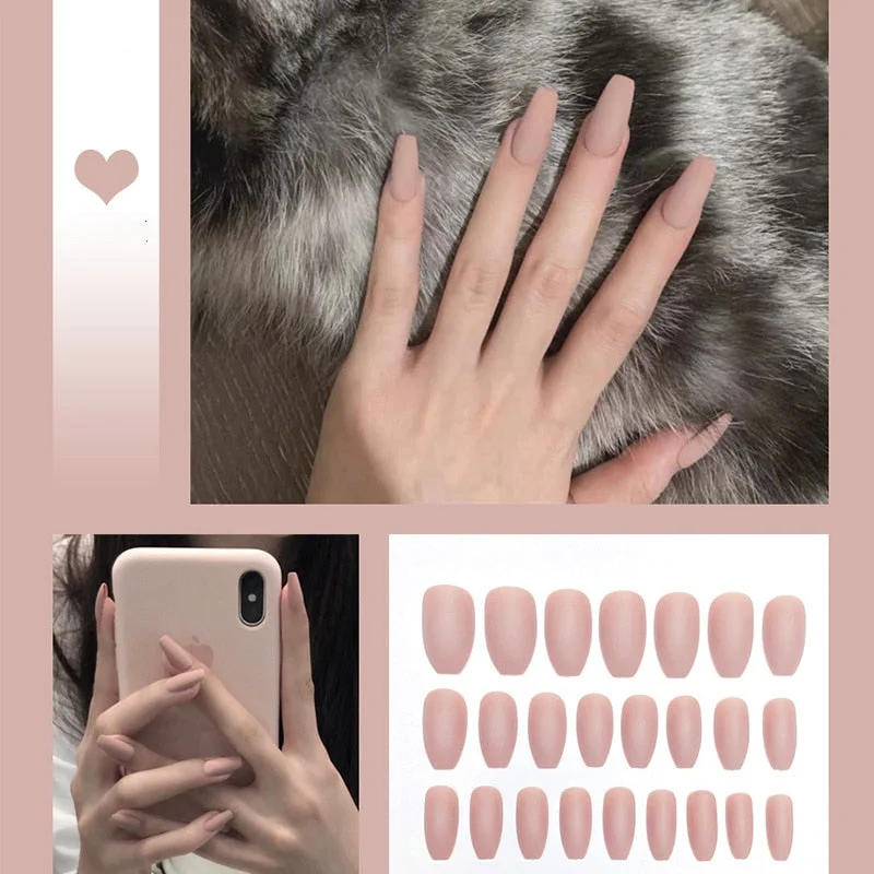 24pcs/box Full Cover fake Press on Nails Matte Yellow Pure Acrylic Frosted Ballerina acrylic for nails for Women free shipping-Nail Inspo