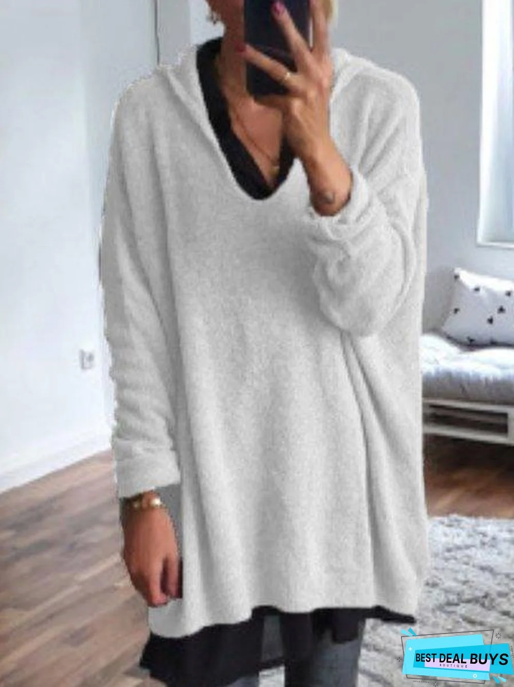 Women Solid Color Wool Blend V Neck Shift Pullover Sweater