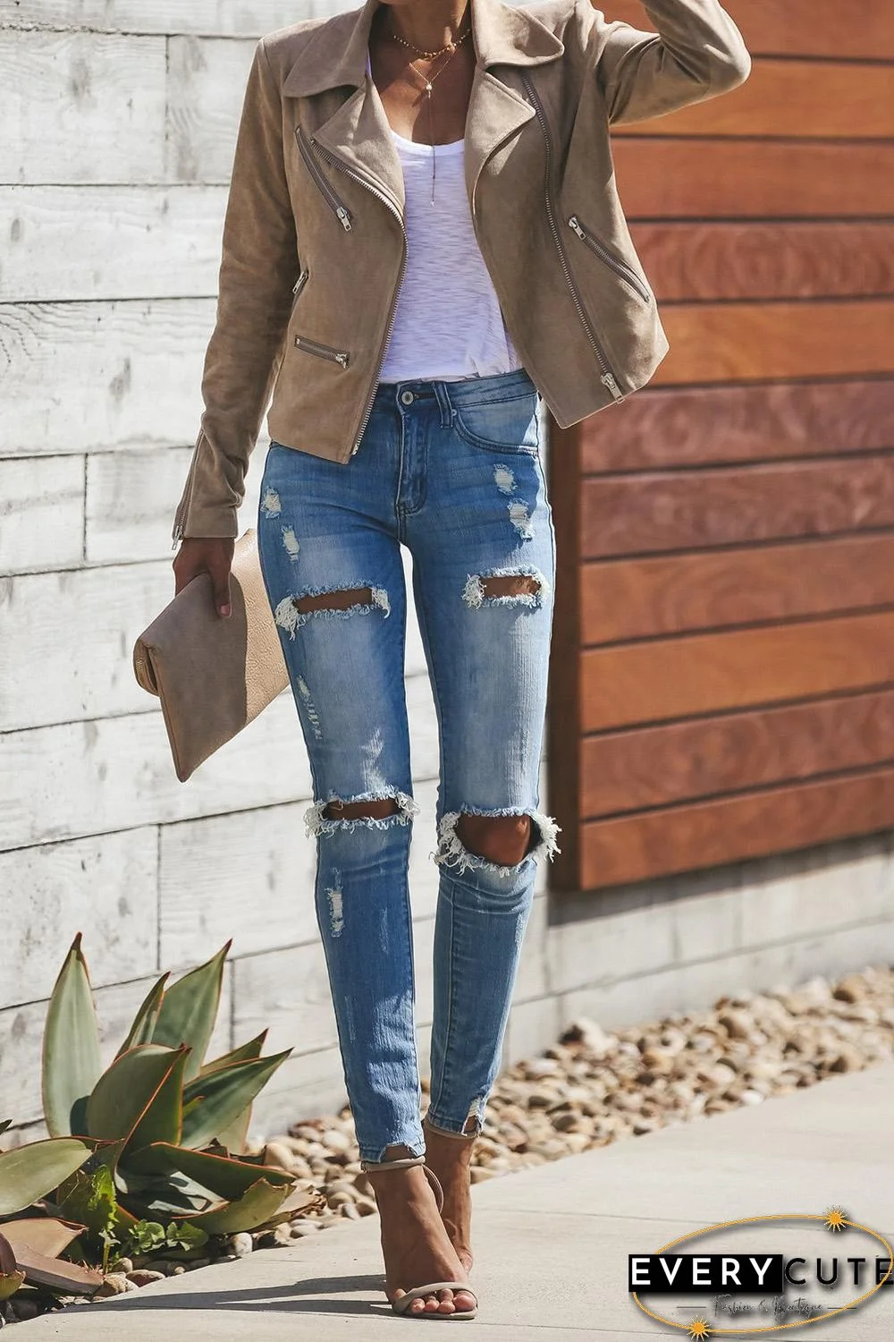 Khaki Zipped Notch Collar Short Jacket