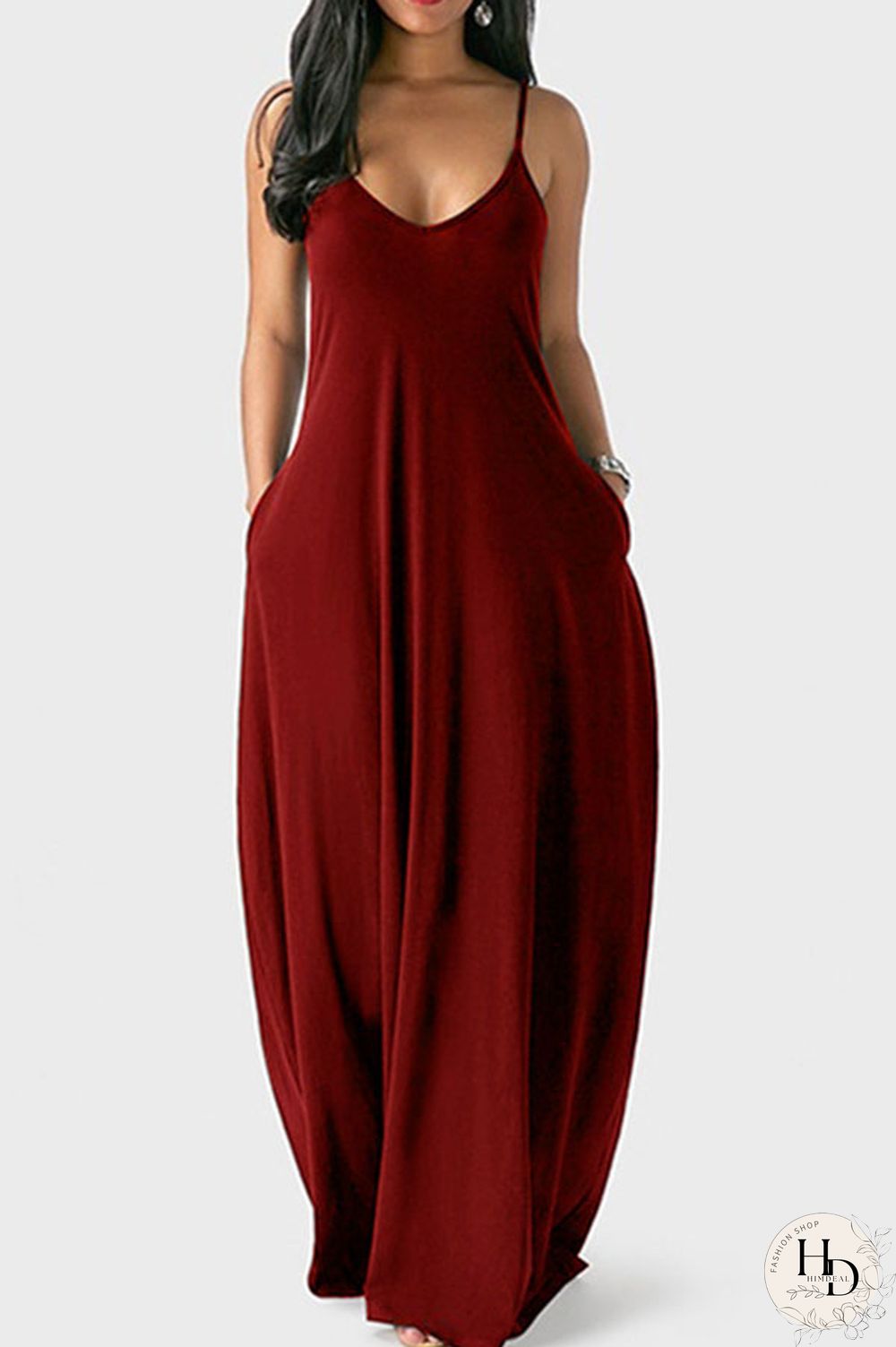 Wine Red Milk. Fashion Sexy Casual Spaghetti Strap Sleeveless Slip Princess Dress Floor-Length Solid Dresses
