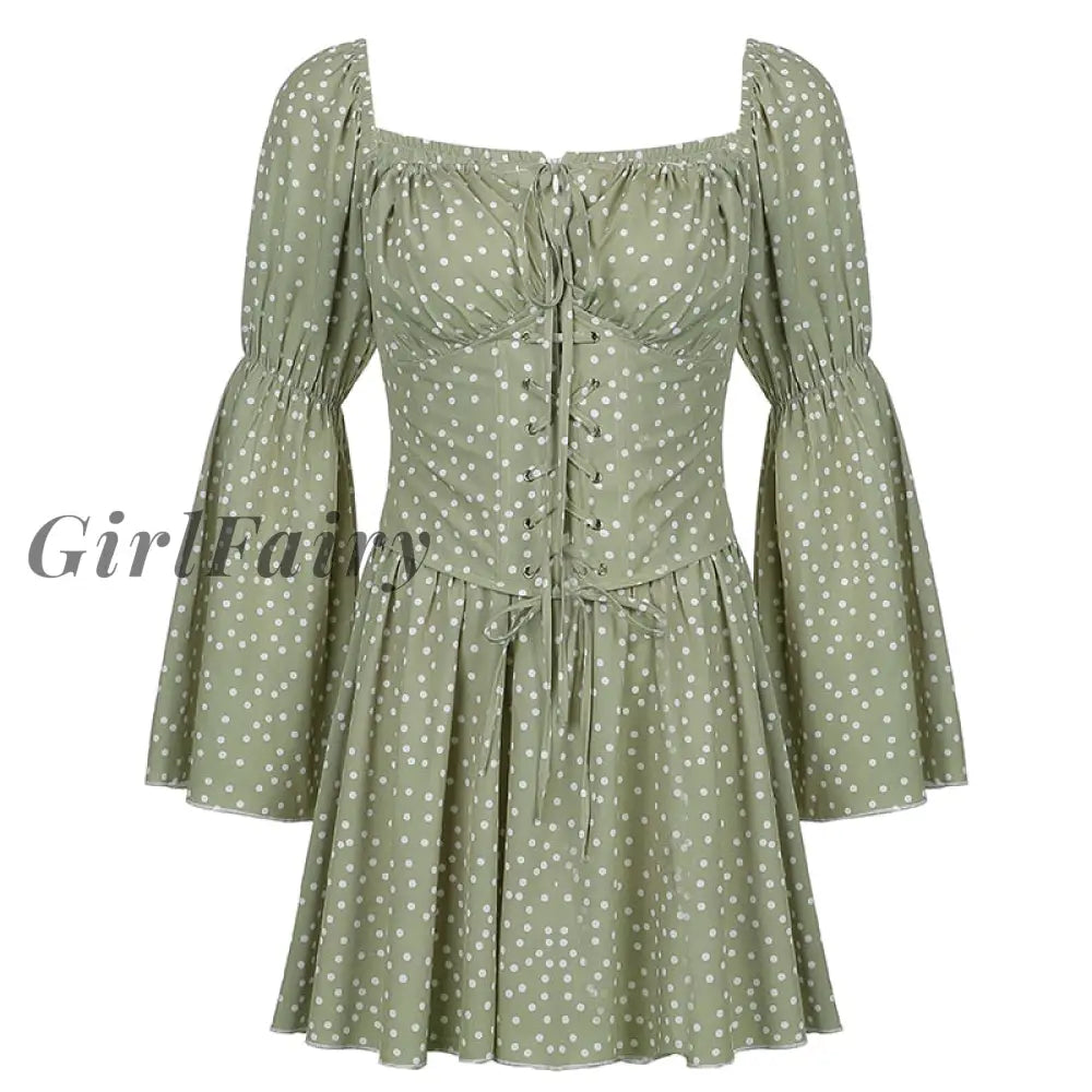 Girlfairy Fashion Off Shoulder Dot Sexy Summer Dress Women Lace Up Corset Party Pink Flare Sleeve