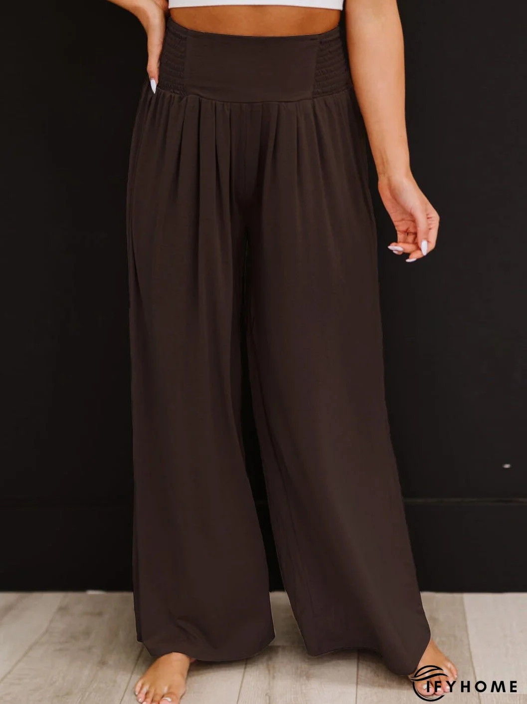 Women's Pants Casual Solid Elastic High Waist Wide Leg Pants | IFYHOME