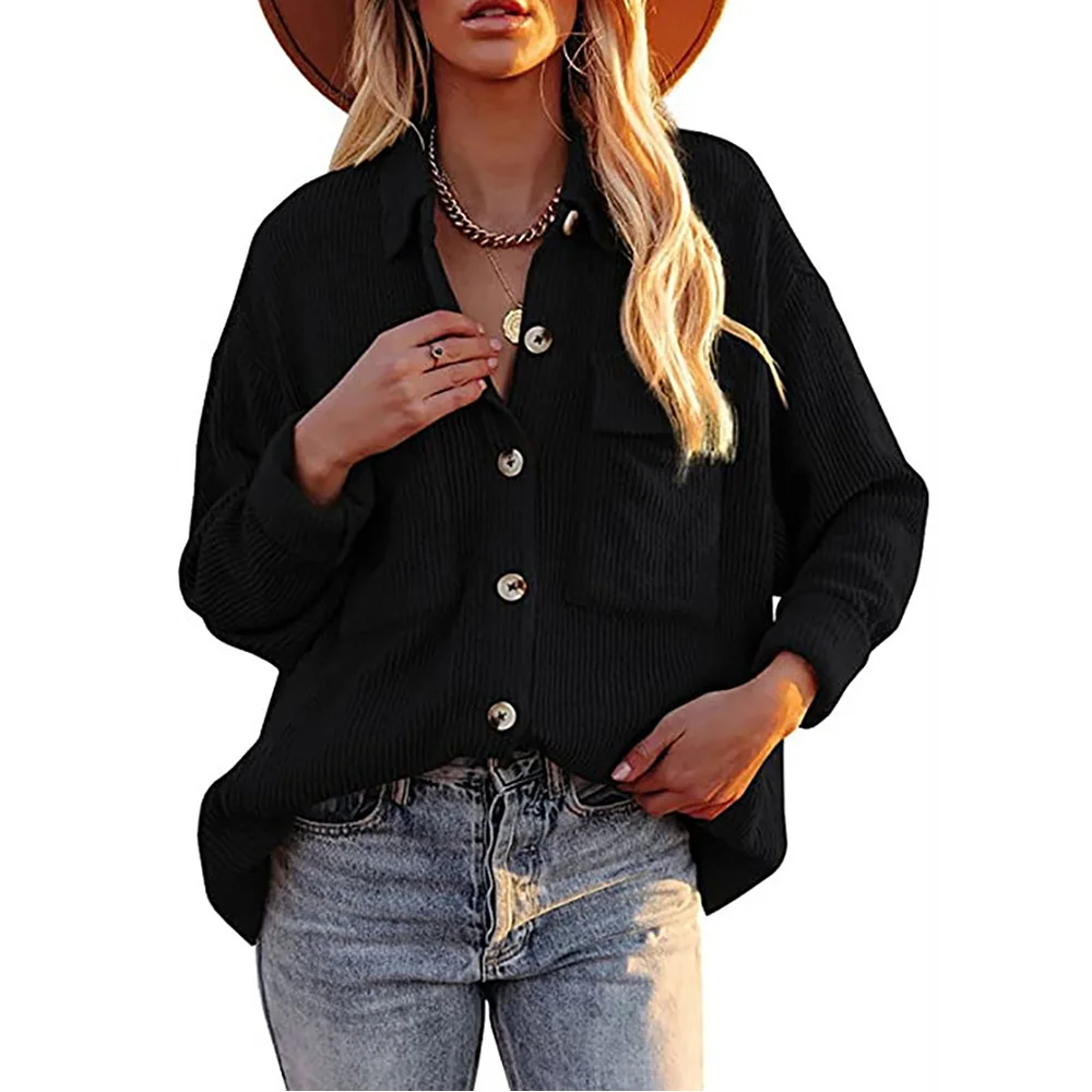 Solid Black Corduroy Button Shirt With Pocket