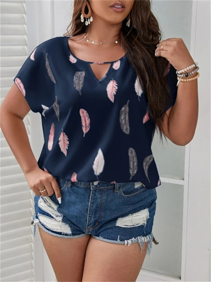 Hot Selling Europe and The United States Bat Sleeve Women's V-neck Feather Print Short-sleeved Comfortable Casual Loose T-shirt Female Shirt