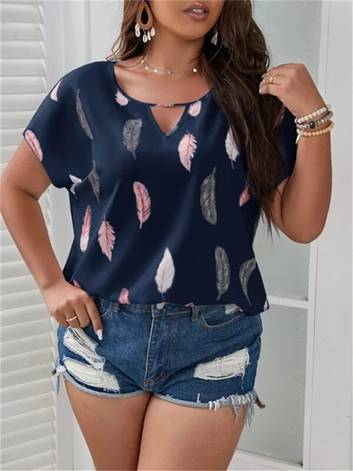 Hot Selling Europe and The United States Bat Sleeve Women's V-neck Feather Print Short-sleeved Comfortable Casual Loose T-shirt Female Shirt-JRSEE