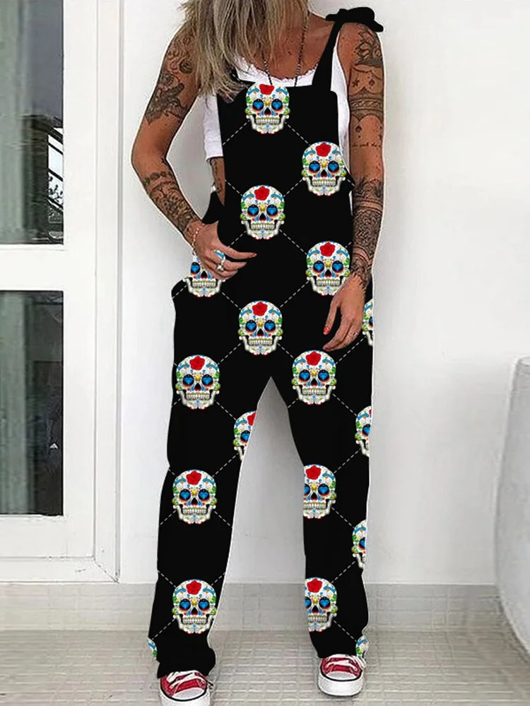 Women's Skull Print Strappy Jumpsuits Casual Fashion Sleeveless Pockets Loose Jumpsuit 2023 Summer Elegant Trendy Playsuits