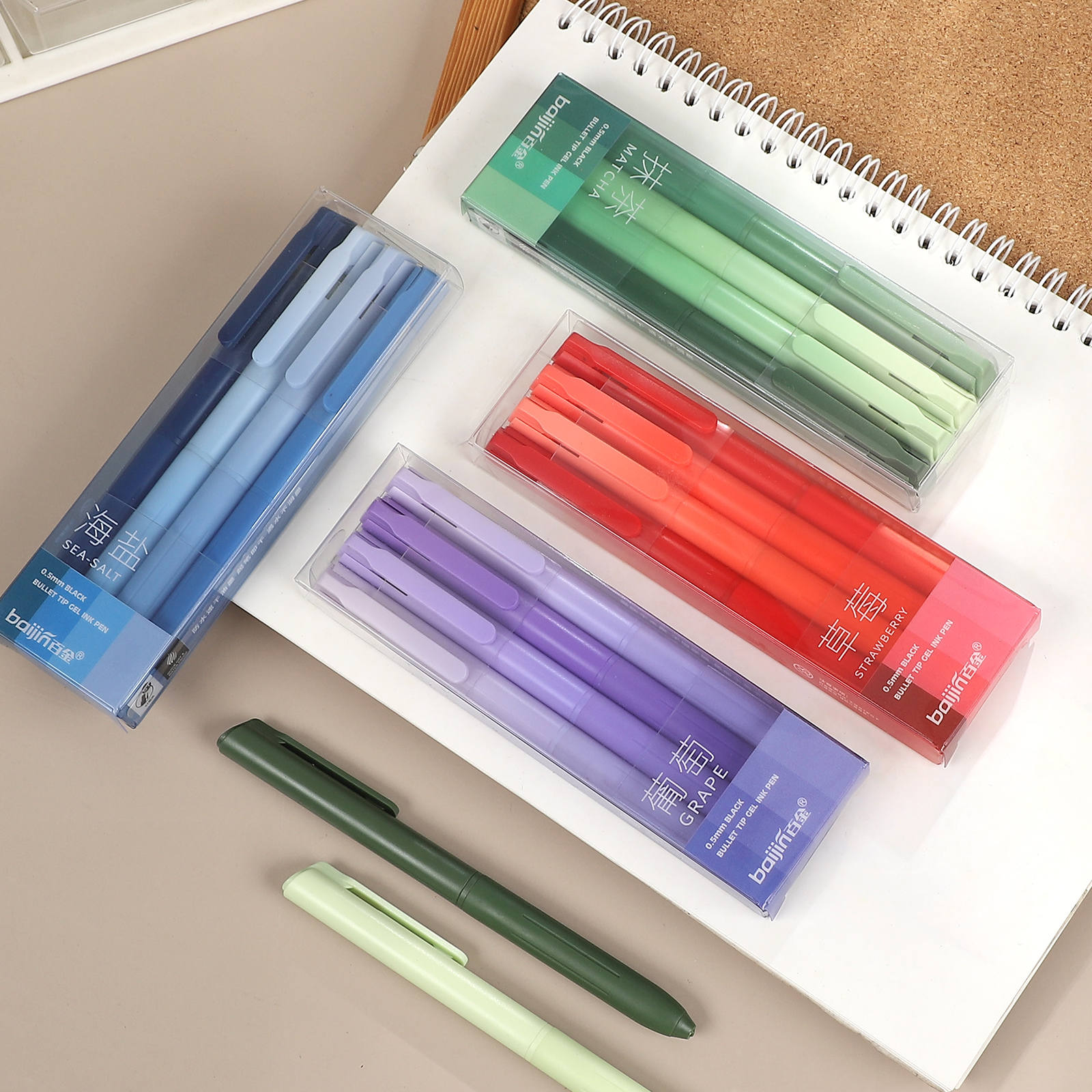 볼펜 세트 - 4개입, 컬러 그라데이션, 0.5mm 블랙