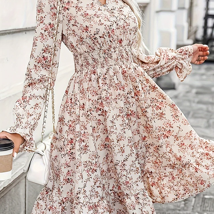 Floral Print Shirred Cinched Waist Dress, Casual Notch Neck Lantern Sleeve Ruffle Hem Dress, Women's Clothing