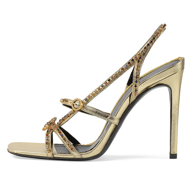 Metallic Gold Prom Heels Classy Square Toe Strappy Rhinestone Sandals |FSJ Shoes