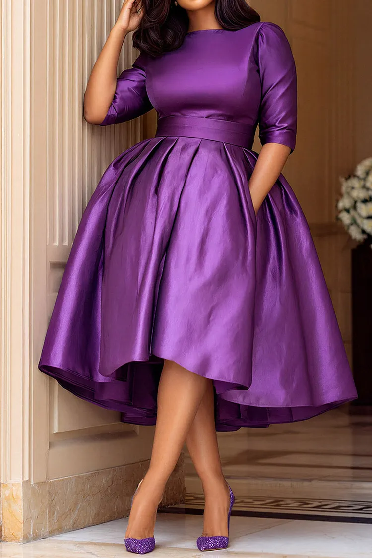 Xpluswear Design Plus Size Cocktail Party Purple Round Neck Half Sleeve Pocket Satin Midi Dresses [Pre-Order]