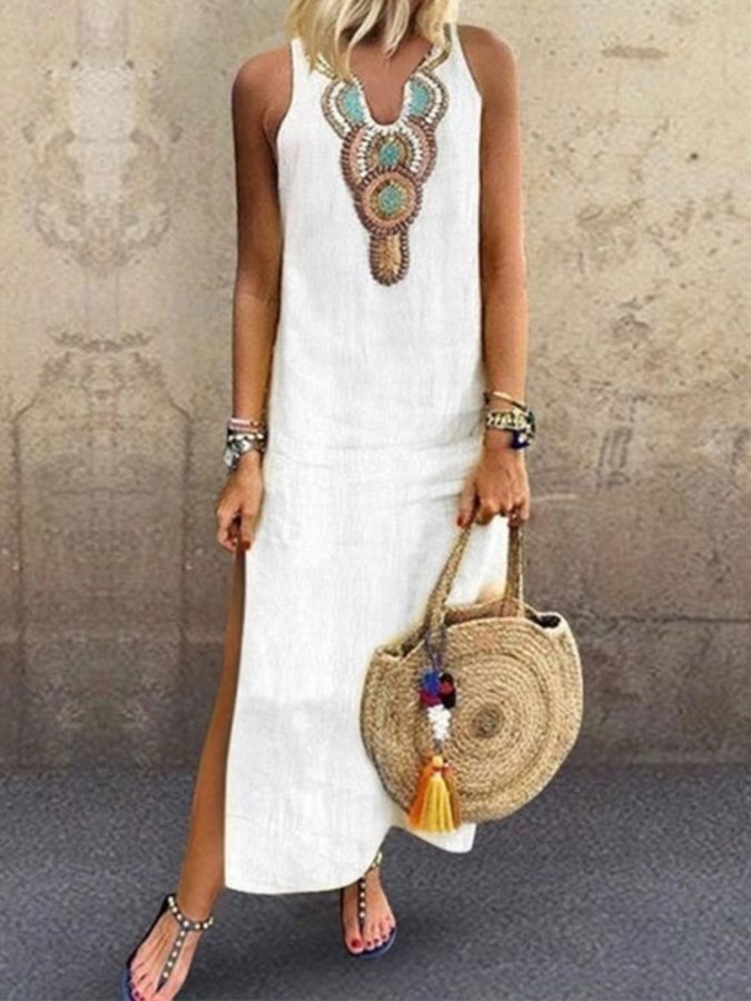 Ladies Cotton Linen V-Neck Sleeveless Dress