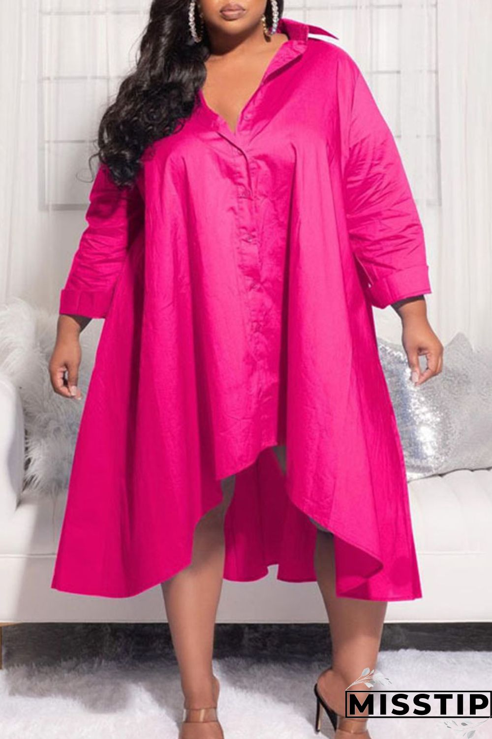 Purple Casual Solid Patchwork Buckle Asymmetrical Turndown Collar Shirt Dress Plus Size