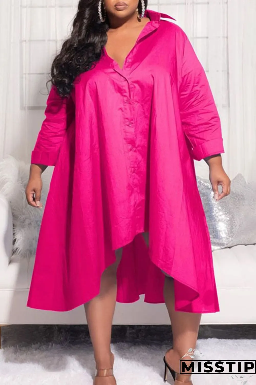 Purple Casual Solid Patchwork Buckle Asymmetrical Turndown Collar Shirt Dress Plus Size