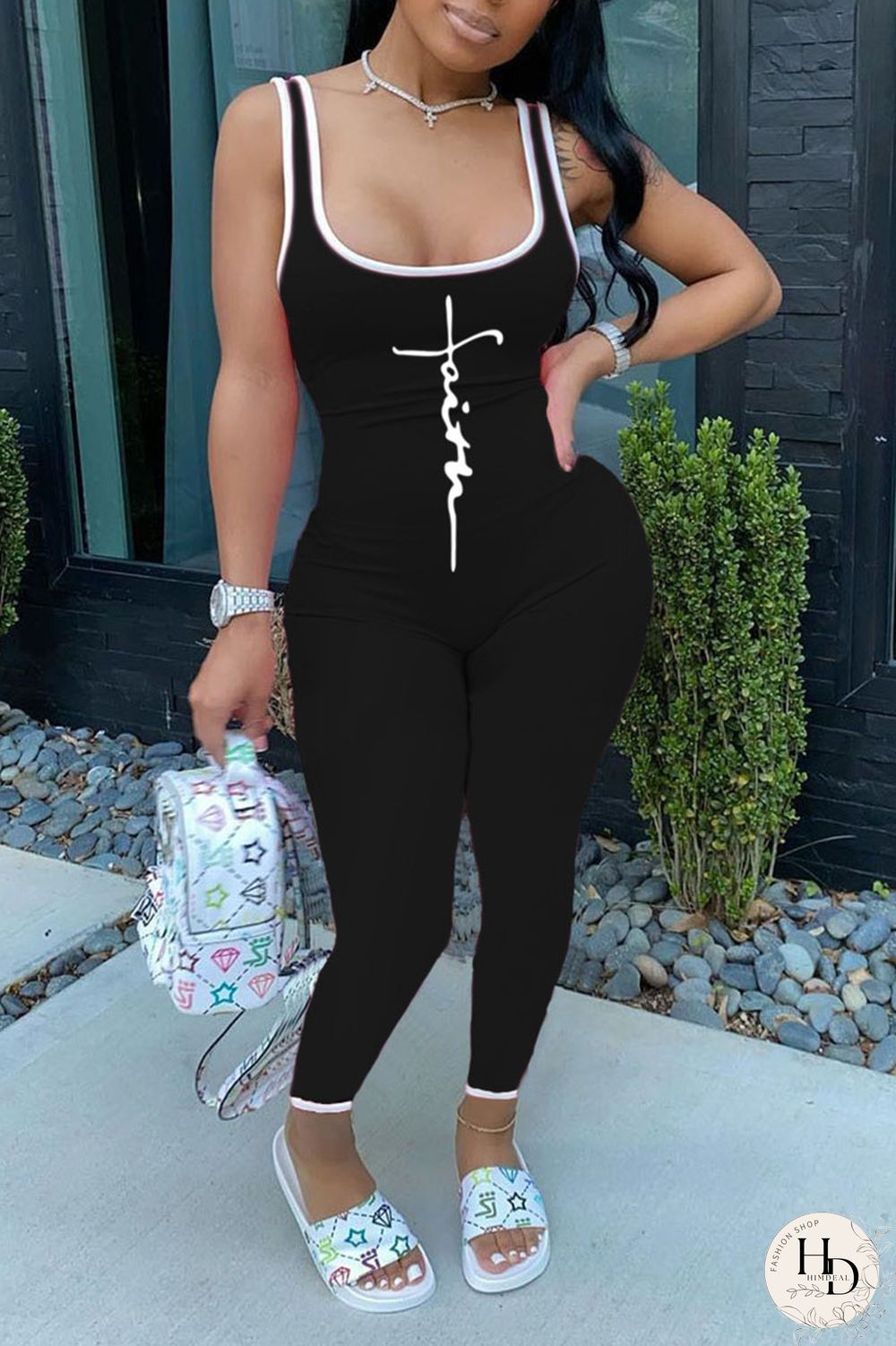 Black Sexy Print Patchwork U Neck Regular Jumpsuits