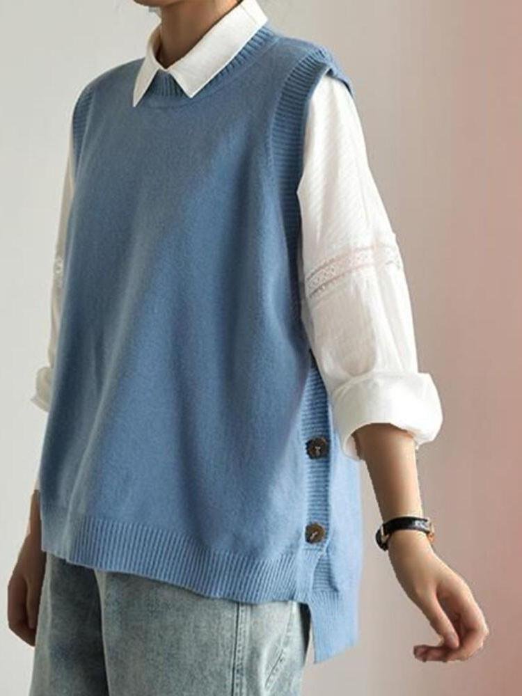 Sleeveless Crewneck Side Button Sweater