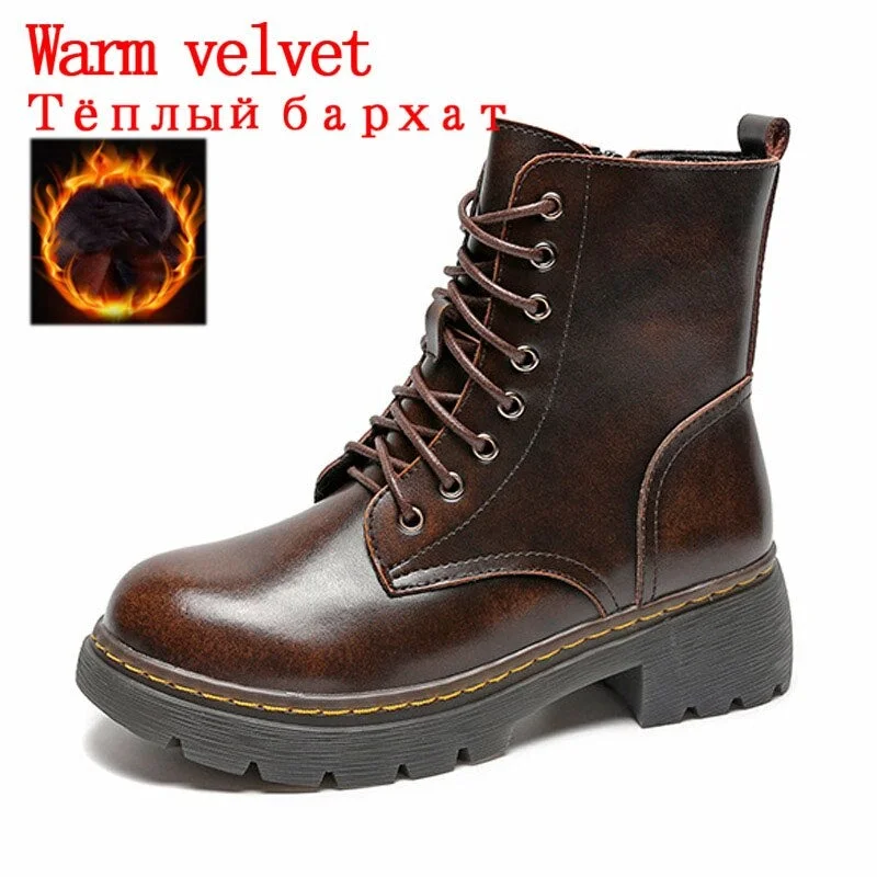 CXJYWMJL Women's Winter Martin Boots Genuine Leather British Style Side Zipper Ankle Boots Ladies Autumn Retro Platform Booties