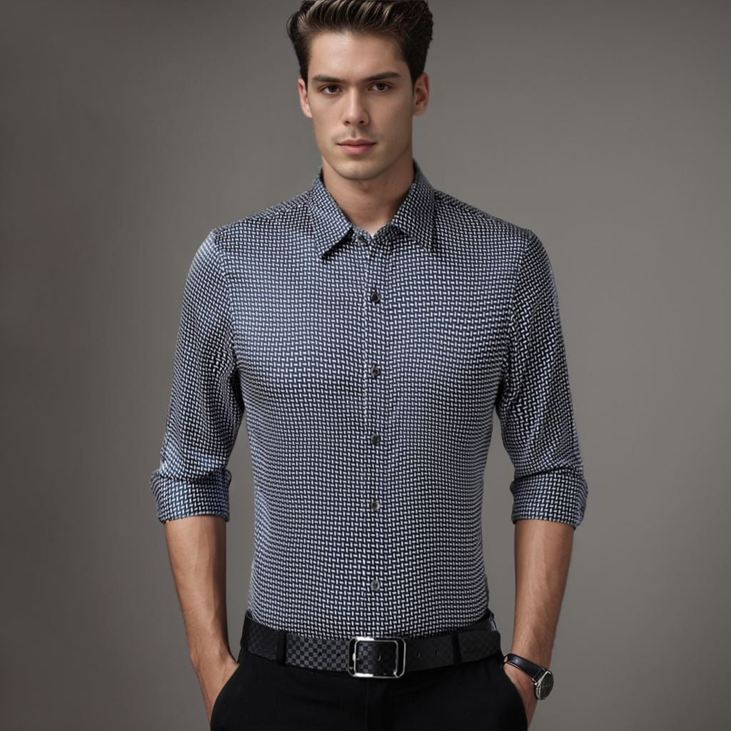 No-Iron Wrinkle-Free Men's Silk Shirt Knitted Pattern Long Sleeves REAL SILK LIFE