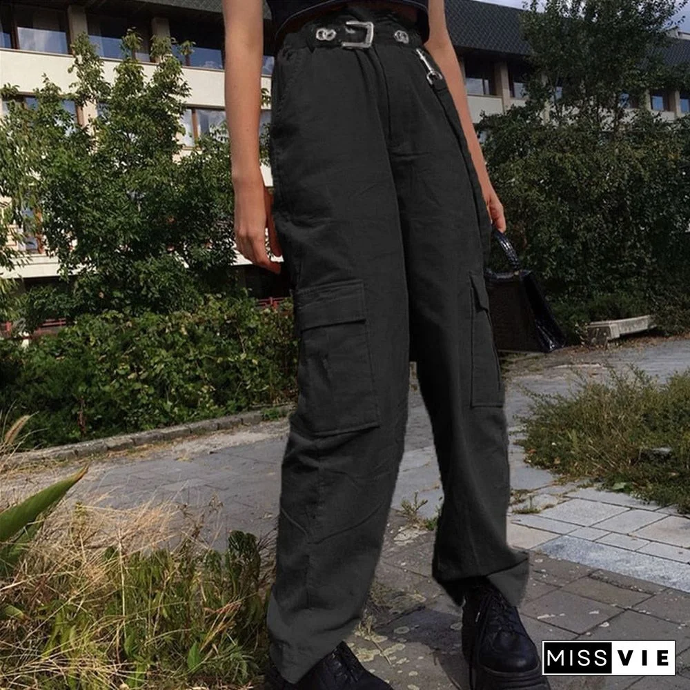 Weekeep Women Casual Pockets Patchwork Cargo Pants High Waist Straight Trousers Women Pants