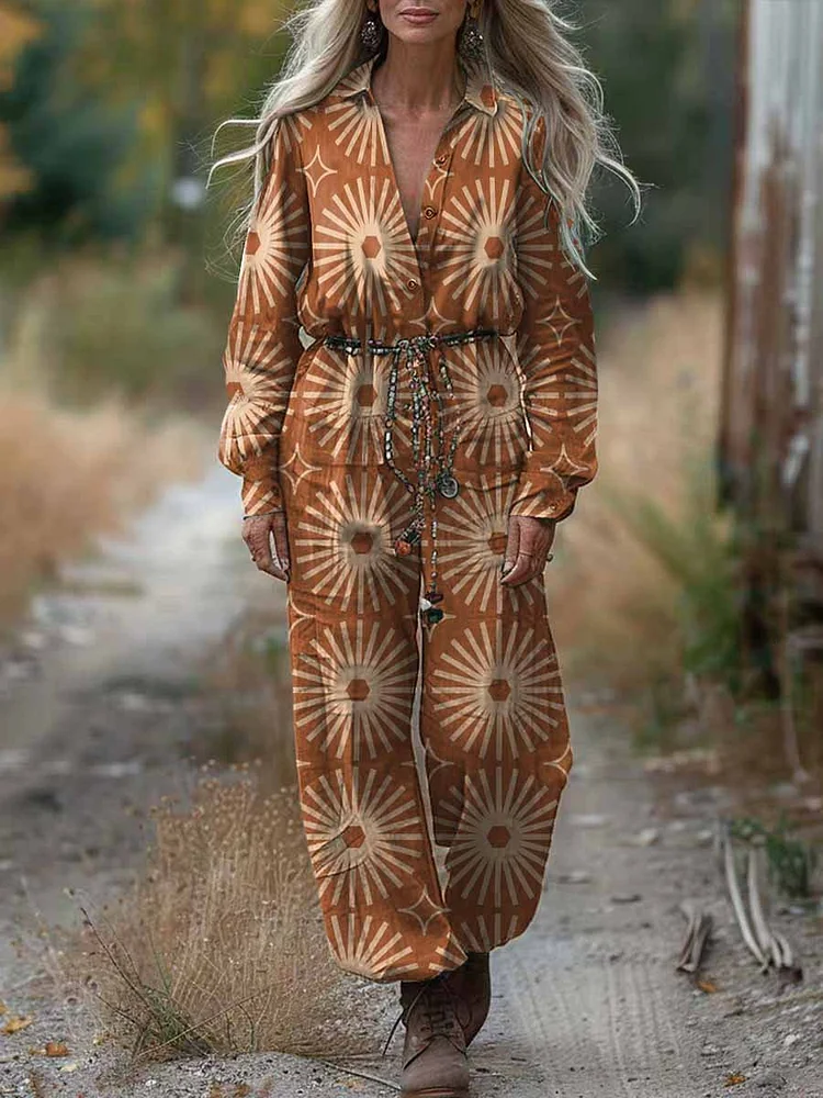 Women's Shirt Collar Geometric Print Casual Cotton Long Sleeve Wide Leg Jumpsuit