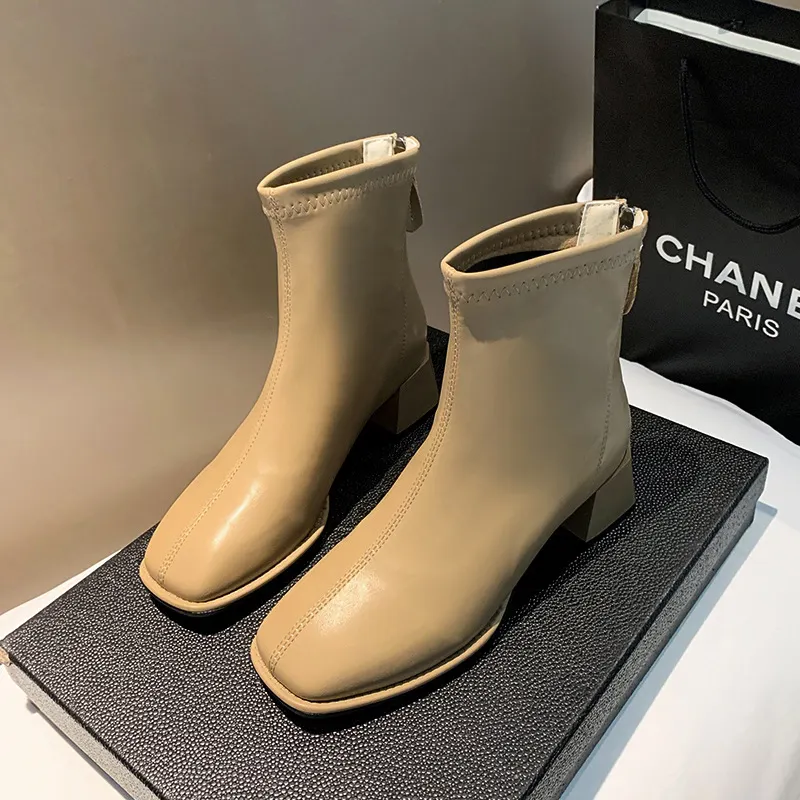 Yyvonne Head Thick And Short Boots Women's Shoes Senior Spring And Autumn With Low Cylinder Elastic Lean Women's Boots English Style Fashion Short Boots