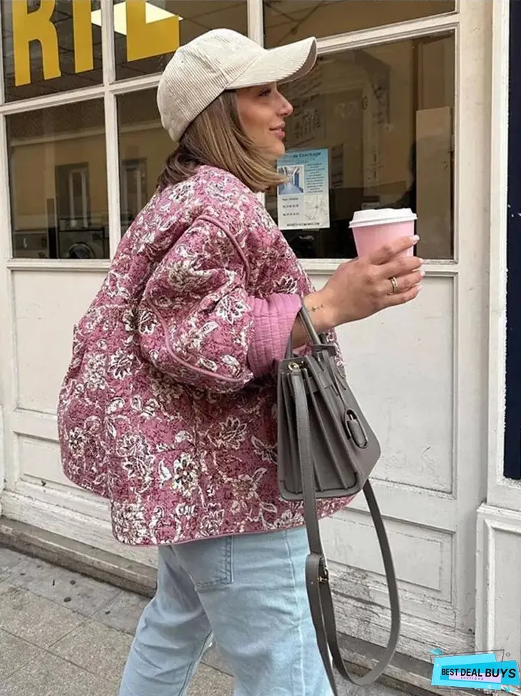 Womens Quilted Jacket-Fall Winter New Floral Print Thickened Stand-up Collar Cotton