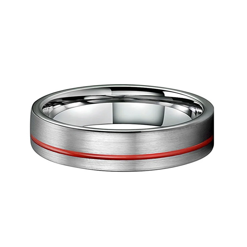 Red Grooved Center Brushed Wedding Band Couples Flat Tungsten Rings