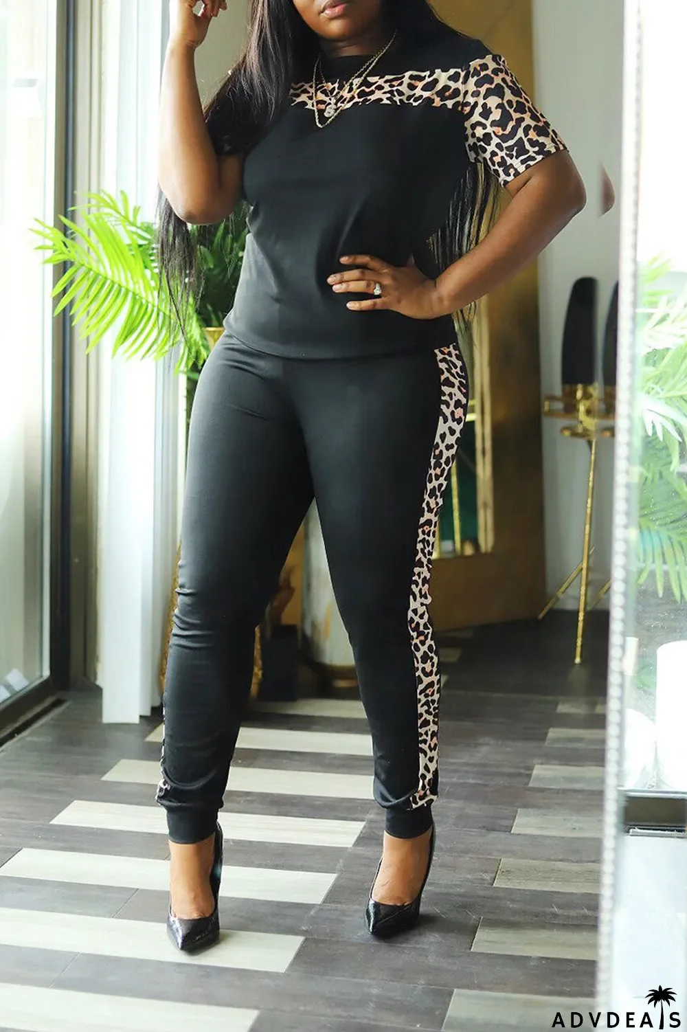 Black Casual Leopard Patchwork O Neck Plus Size Two Pieces