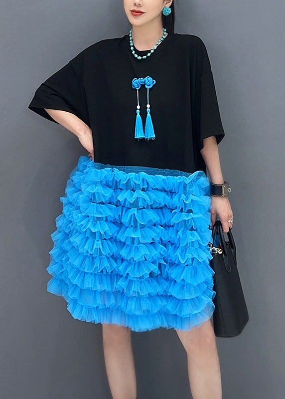 VCSHOES Loose Black O Neck Tulle Patchwork T Shirt Dresses Summer