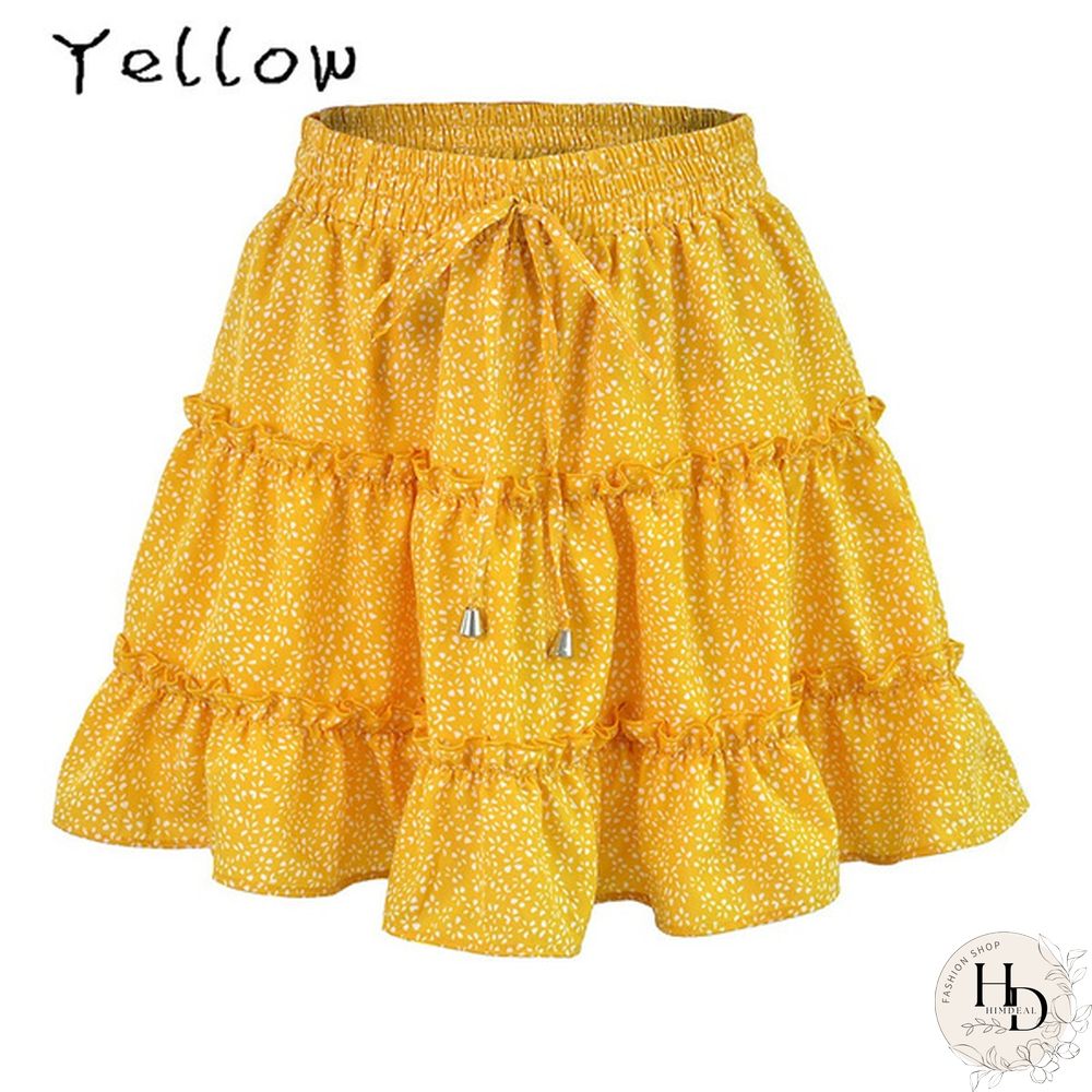 Women Fashion Casual Floral Short Skirts Summer High Waist Pleated Printed Beach Skirt