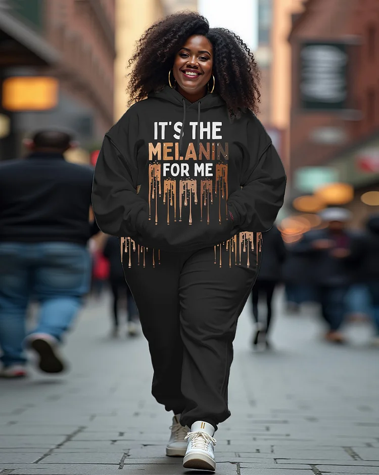 Women's Plus Size It's The Melanin For Me Long Sleeve Hoodie And Casual Pants Set
