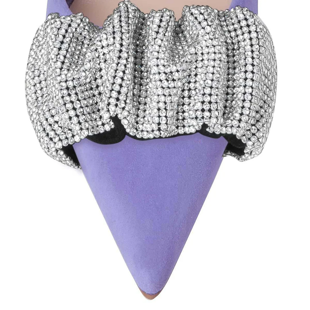 Vegan Suede Rhinestone Embellished Pointed Toe Pumps Heels in Purple