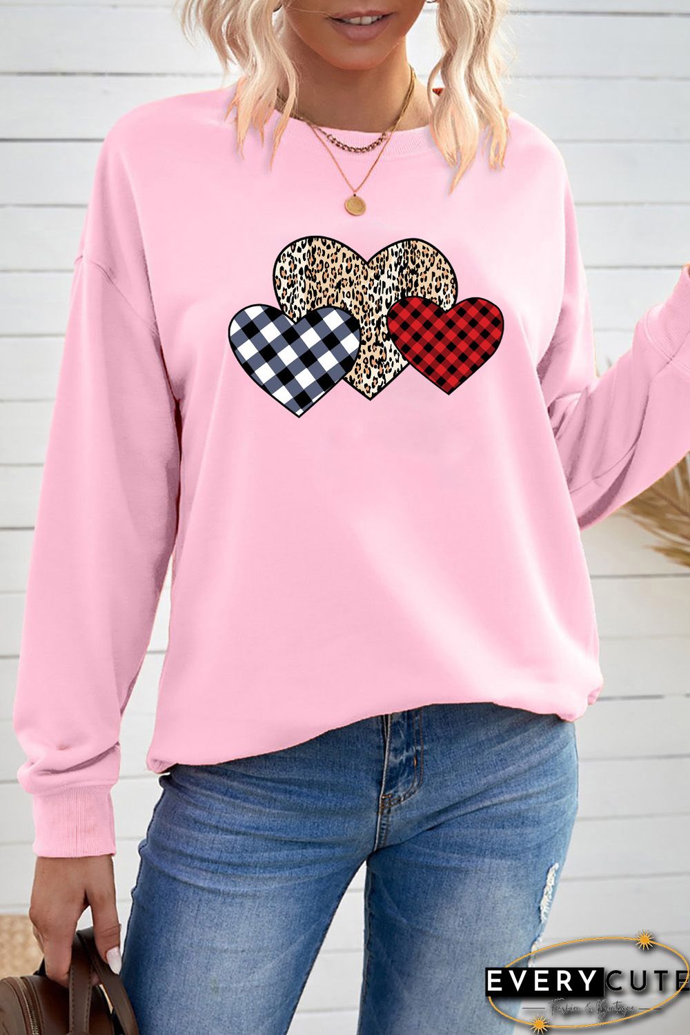 Pink Plaid Leopard Hearts Print Drop Sleeve Pullover Sweatshirt