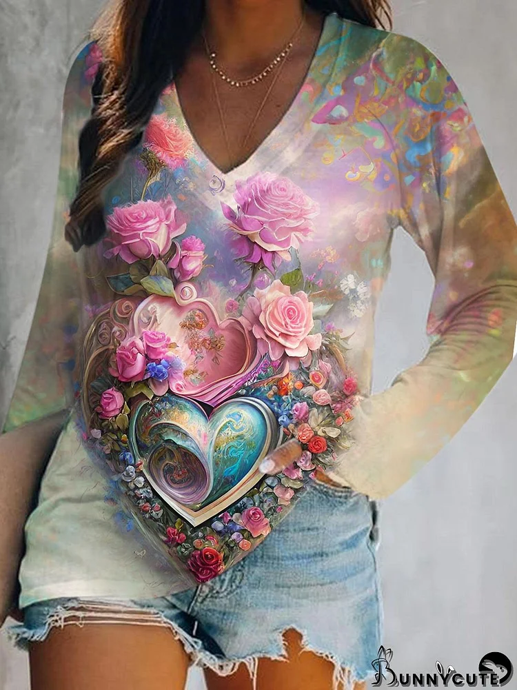 Rose Heart Print V-Neck Long Sleeve Top