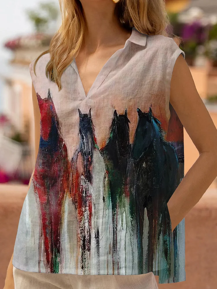 Horse Art Print Cotton And Linen Top