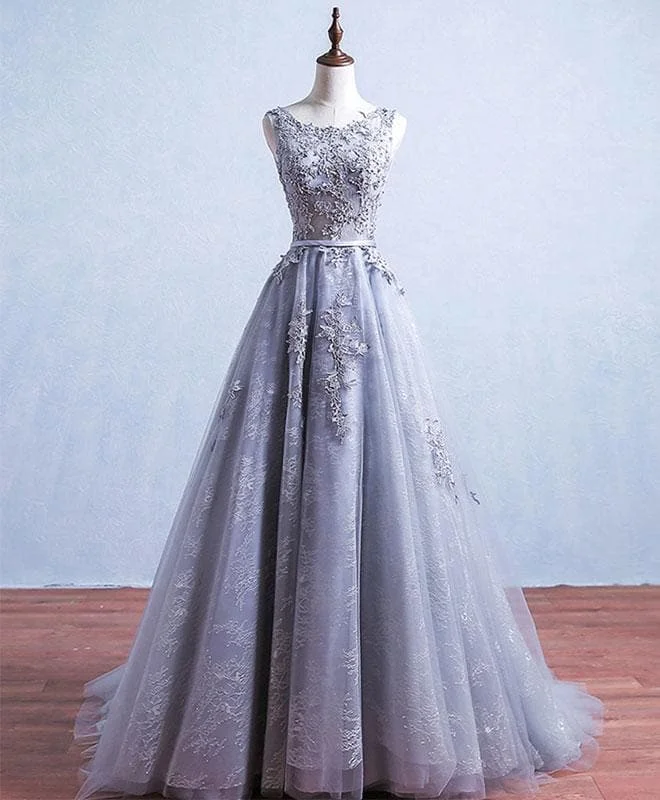 Gray Round Neck Tulle Lace Long Prom Dress, Gray Bridesmaid Dress