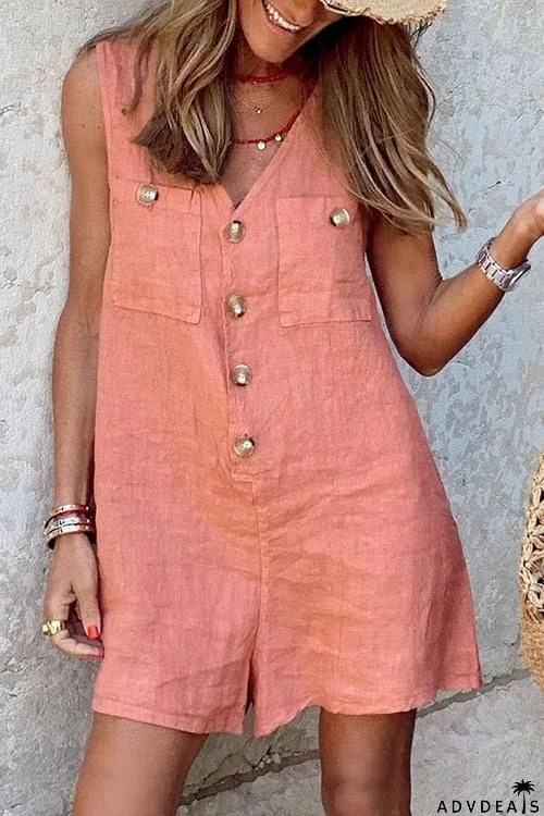 Button V Neck Pockets Romper