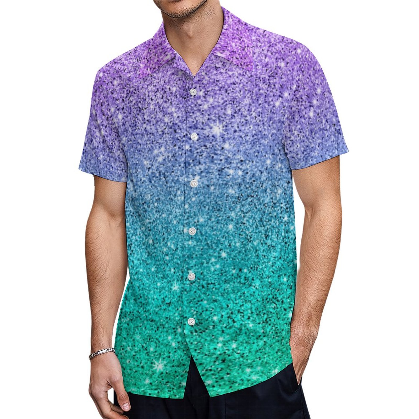 Purple And Green Glitter Texture Ombre Hawaiian Shirt Mens Button Down Plus Size Tropical Hawaii Beach Shirts