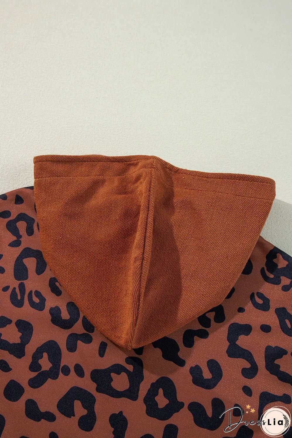 Brown Textured Knit Patchwork Leopard Hoodie